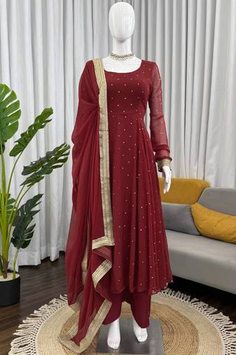 brown faux georgette silk blend anarkali salwar suit dupatta