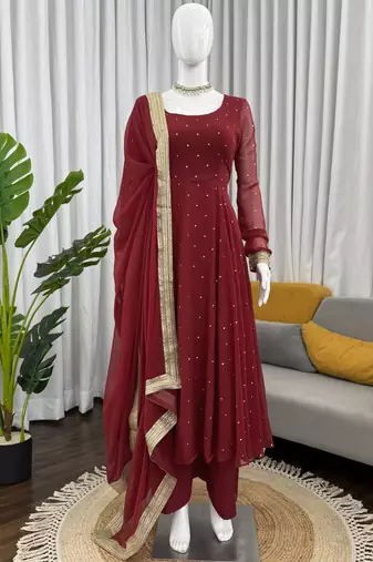 brown faux georgette silk blend anarkali salwar suit dupatta