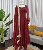 brown faux georgette silk blend anarkali salwar suit dupatta