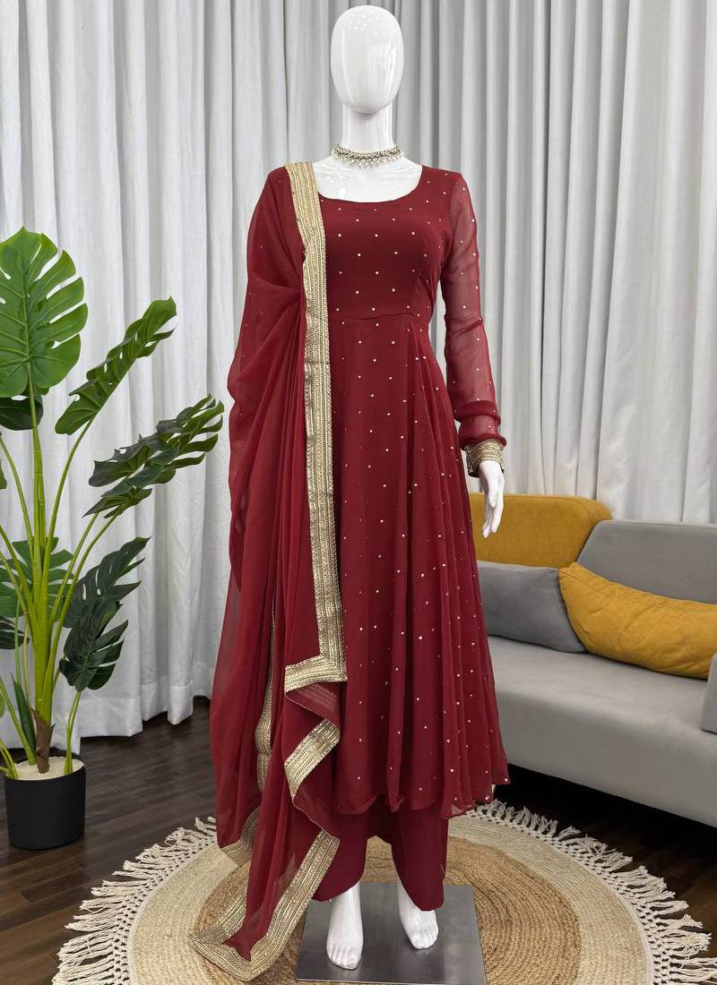 brown faux georgette silk blend anarkali salwar suit dupatta