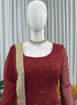 brown faux georgette silk blend anarkali salwar suit dupatta 2