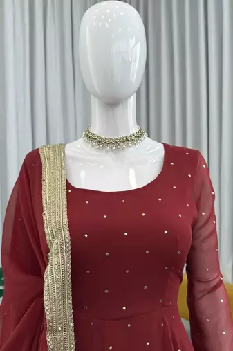 brown faux georgette silk blend anarkali salwar suit dupatta
