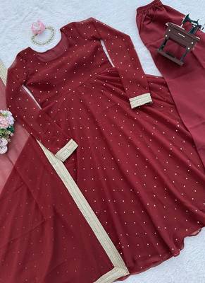 brown faux georgette silk blend anarkali salwar suit dupatta 3