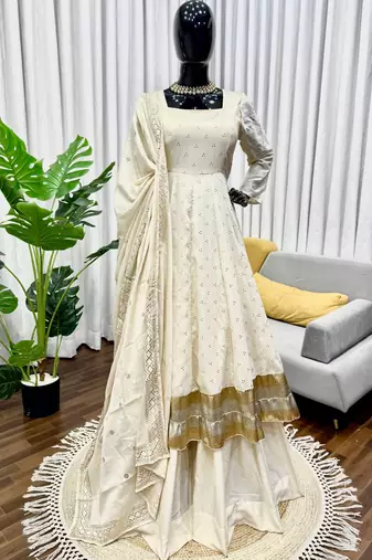 white chinon silk blend anarkali salwar suit dupatta