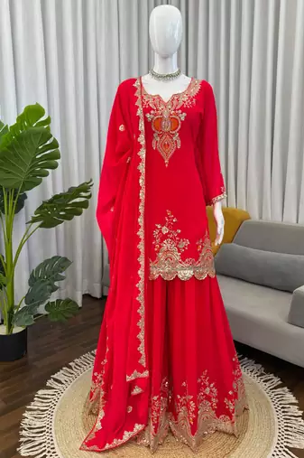 red faux georgette salwar suit dupatta