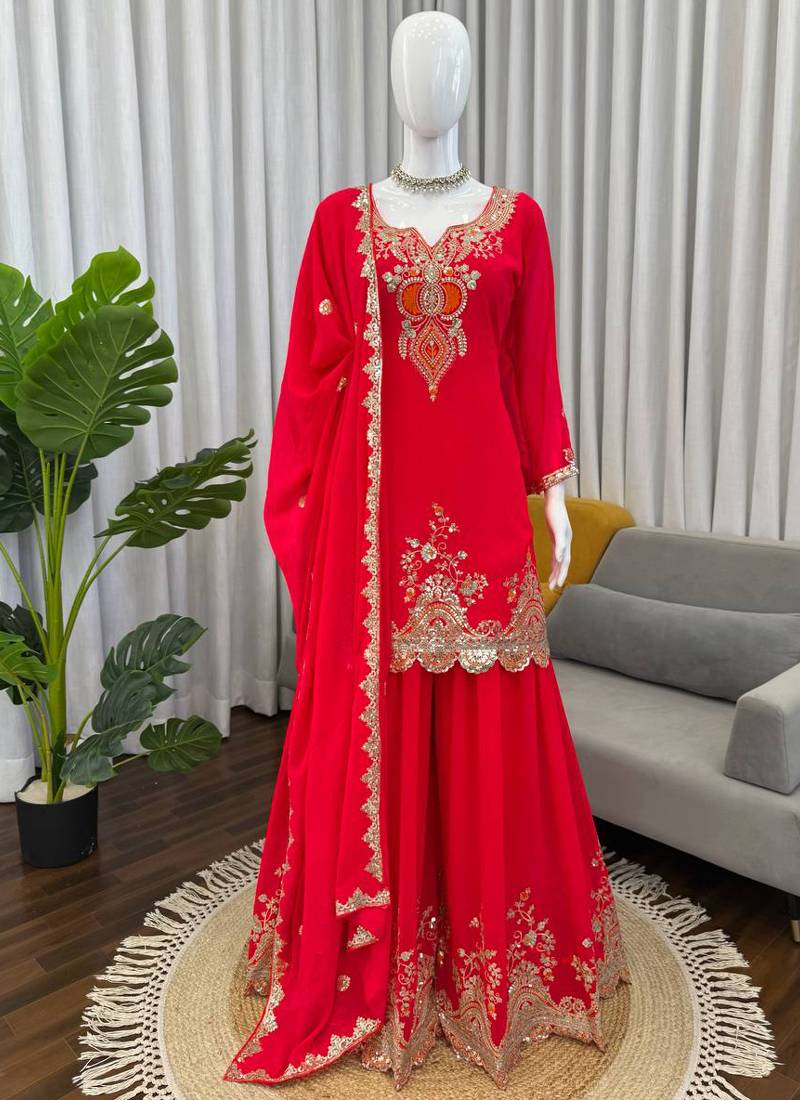 red faux georgette salwar suit dupatta