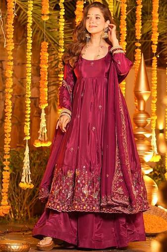 pink crepe silk blend anarkali salwar suit dupatta