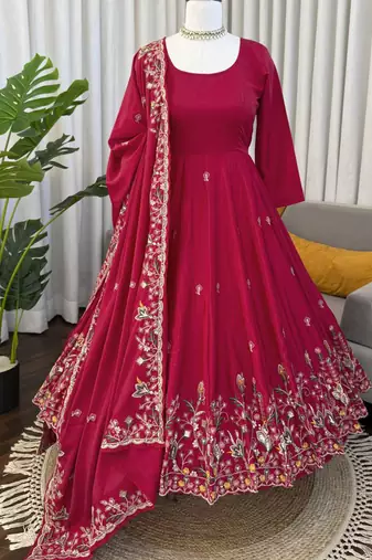 pink crepe silk blend anarkali salwar suit dupatta