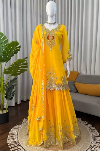 yellow faux georgette salwar suit dupatta
