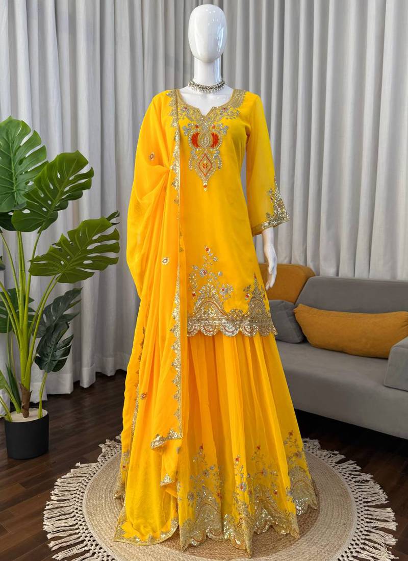 yellow faux georgette salwar suit dupatta