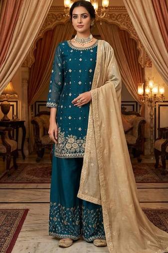teal silk blend salwar suit dupatta