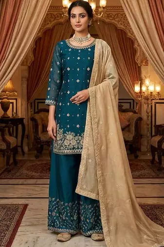 teal silk blend salwar suit dupatta