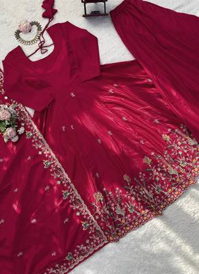 pink crepe silk blend anarkali salwar suit dupatta 4