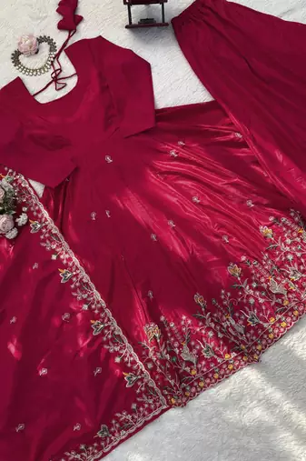 pink crepe silk blend anarkali salwar suit dupatta