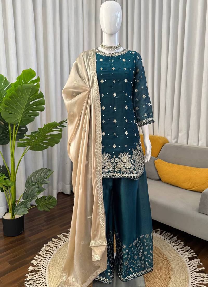 teal silk blend salwar suit dupatta