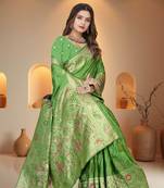 Mehendi Green Banarasi Satin Silk Saree with Heavy Zari & Thread Work | Wedding & Festive Wear