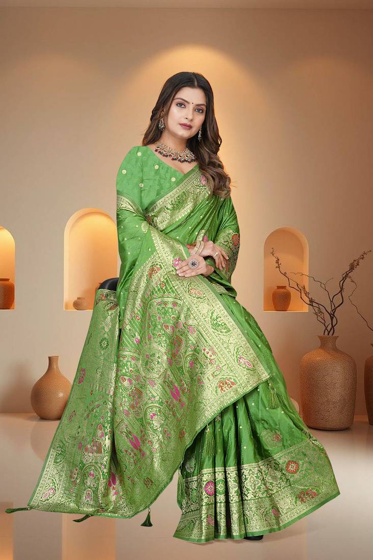 Mehendi Green Banarasi Satin Silk Saree with Heavy Zari & Thread Work | Wedding & Festive Wear