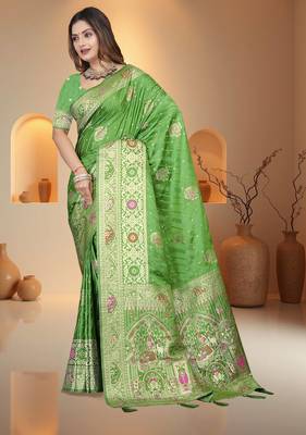 Mehendi Green Banarasi Satin silk blend Saree with Heavy Zari & Thread Work | Wedding & Festive Wear 2