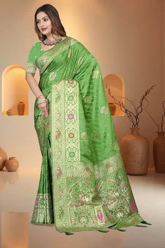 Mehendi Green Banarasi Satin silk blend Saree with Heavy Zari & Thread Work | Wedding & Festive Wear