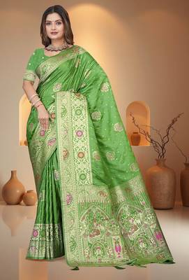 Mehendi Green Banarasi Satin silk blend Saree with Heavy Zari & Thread Work | Wedding & Festive Wear 3