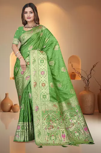 Mehendi Green Banarasi Satin silk blend Saree with Heavy Zari & Thread Work | Wedding & Festive Wear