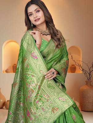 Mehendi Green Banarasi Satin silk blend Saree with Heavy Zari & Thread Work | Wedding & Festive Wear 4