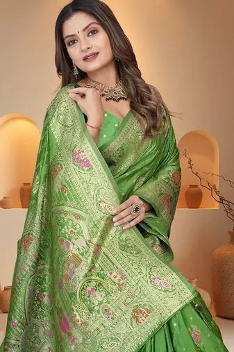 Mehendi Green Banarasi Satin silk blend Saree with Heavy Zari & Thread Work | Wedding & Festive Wear