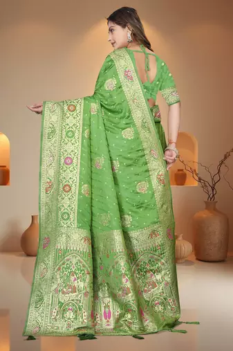 Mehendi Green Banarasi Satin silk blend Saree with Heavy Zari & Thread Work | Wedding & Festive Wear