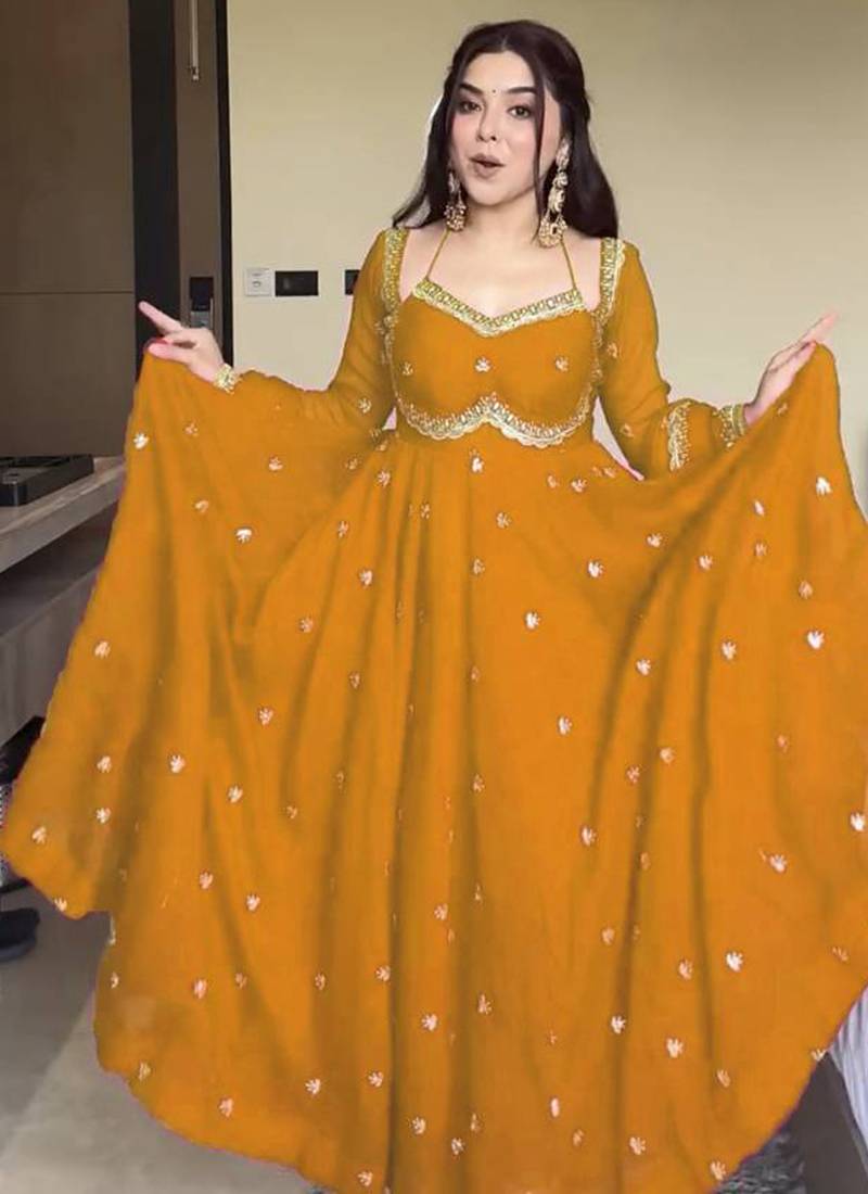 mustard faux georgette anarkali salwar suit dupatta