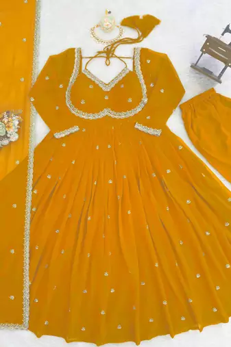 mustard faux georgette anarkali salwar suit dupatta