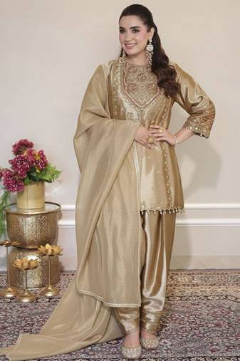 golden embroidered salwar suit dupatta