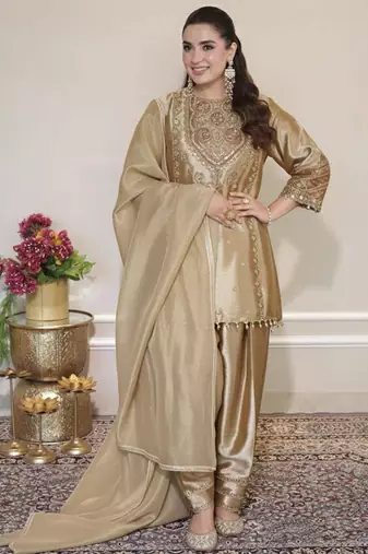 golden embroidered salwar suit dupatta