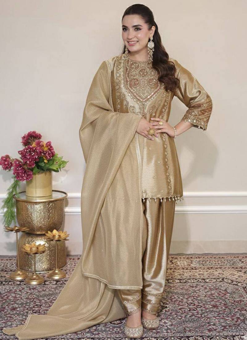 golden embroidered salwar suit dupatta