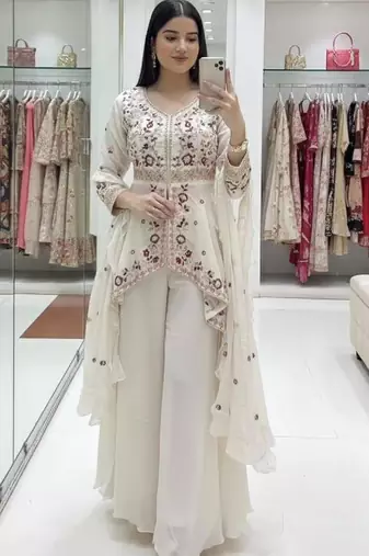white silk blend anarkali salwar suit dupatta