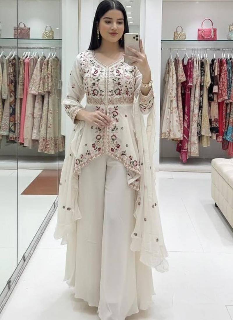 white silk blend anarkali salwar suit dupatta