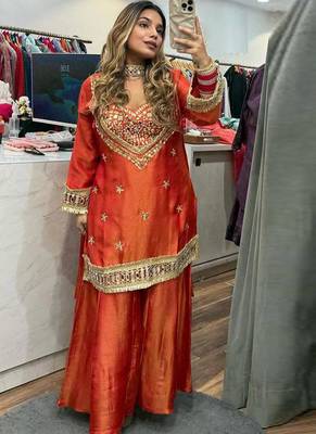 orange embroidered salwar suit dupatta 1