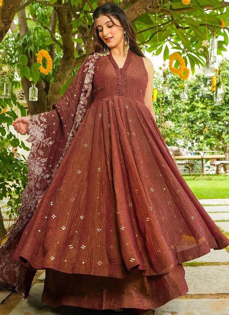 brown anarkali salwar suit dupatta