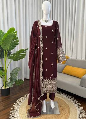 brown faux georgette salwar suit dupatta 1