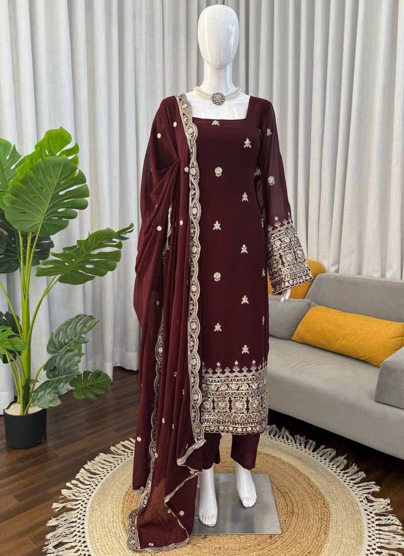 brown faux georgette salwar suit dupatta
