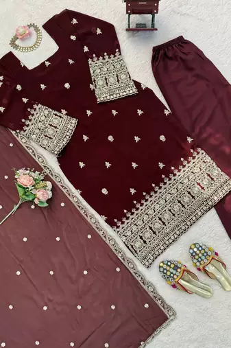 brown faux georgette salwar suit dupatta