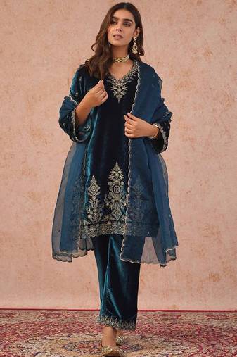 teal viscose velvet salwar suit dupatta