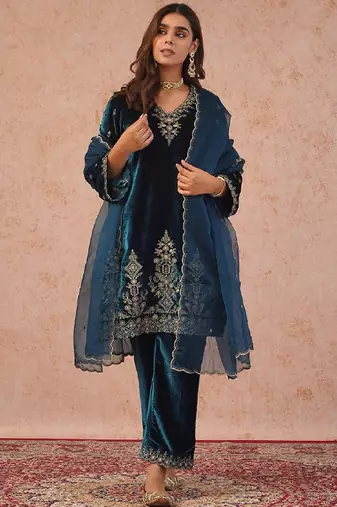 teal viscose velvet salwar suit dupatta