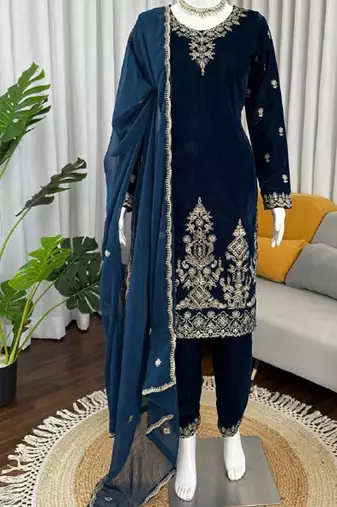 teal viscose velvet salwar suit dupatta