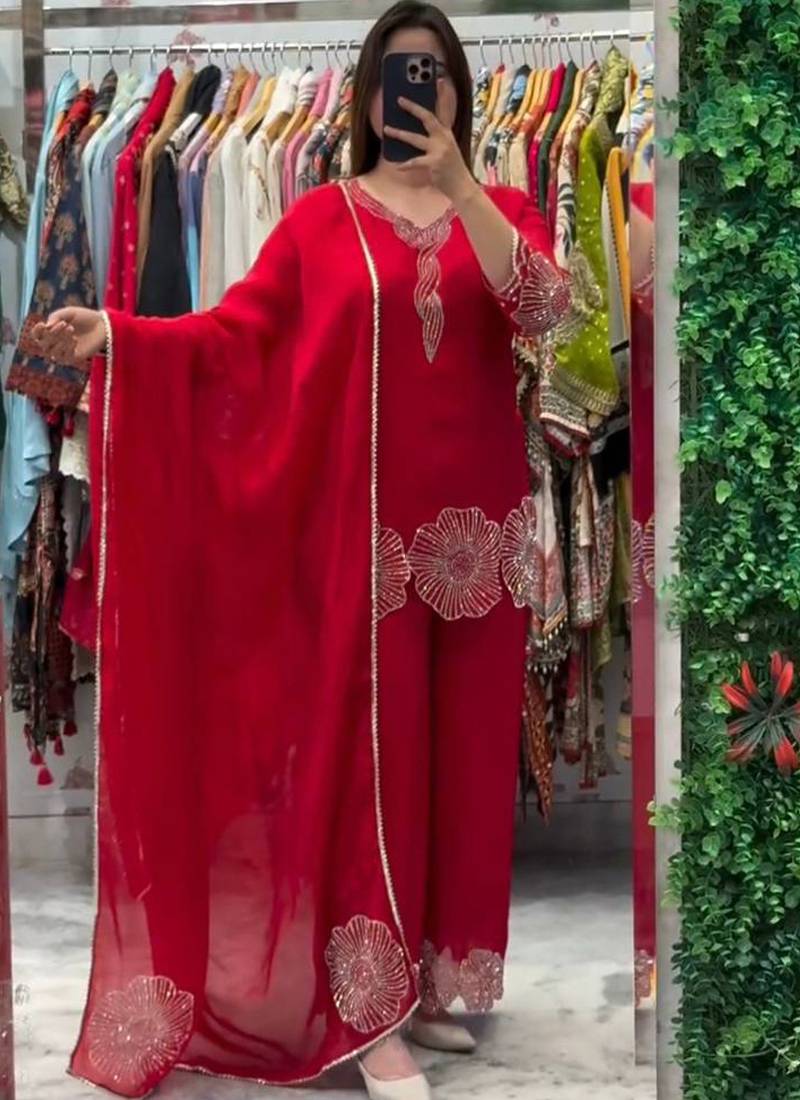red embroidered salwar suit dupatta