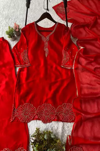 red embroidered salwar suit dupatta