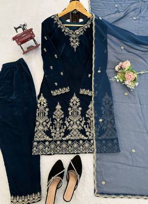 teal viscose velvet salwar suit dupatta 3