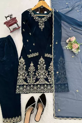 teal viscose velvet salwar suit dupatta