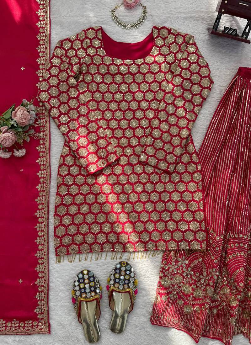 pink faux georgette salwar suit dupatta