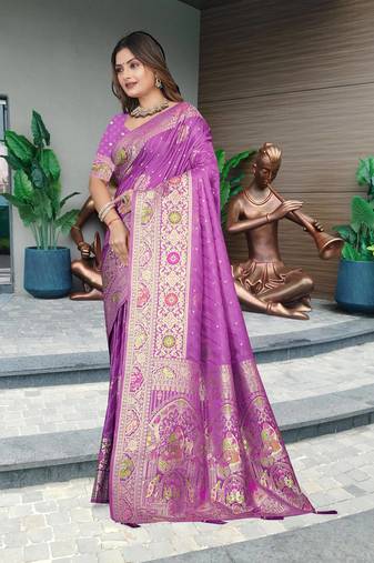 Lavender Banarasi Satin Silk Saree with Heavy Zari & Thread Work | Wedding & Festive Wear