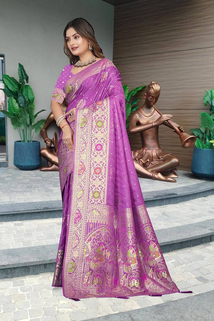 Lavender Banarasi Satin Silk Saree with Heavy Zari & Thread Work | Wedding & Festive Wear